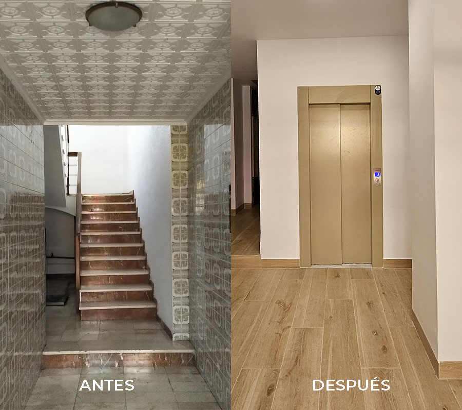 Dos imágenes unidas mostrando el antes y después de un rellano de escalera con y sin ascensor