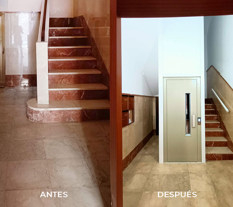 Dos imágenes unidas mostrando el antes y después de un rellano de escalera con y sin ascensor