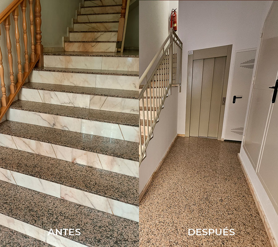 Dos imágenes unidas mostrando el antes y después de un rellano de escalera con y sin ascensor
