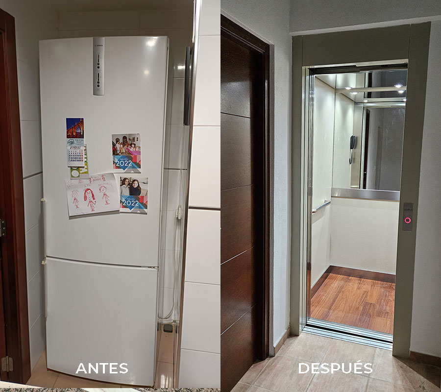 Dos imágenes unidas mostrando el antes y el después de un ascensor habilitado en una vivienda sobre el espacio del frigorífico en una cocina