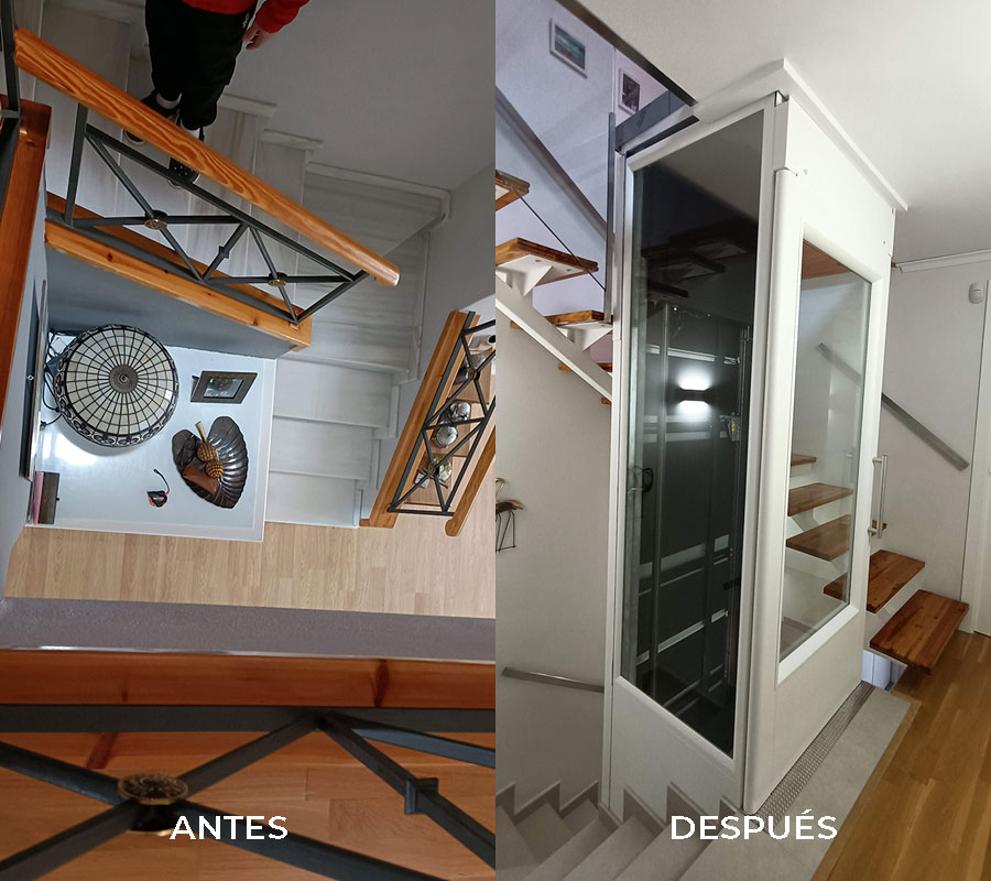 Dos imágenes unidas mostrando el antes y el después de un ascensor habilitado en una vivienda en el hueco de una escalera interior