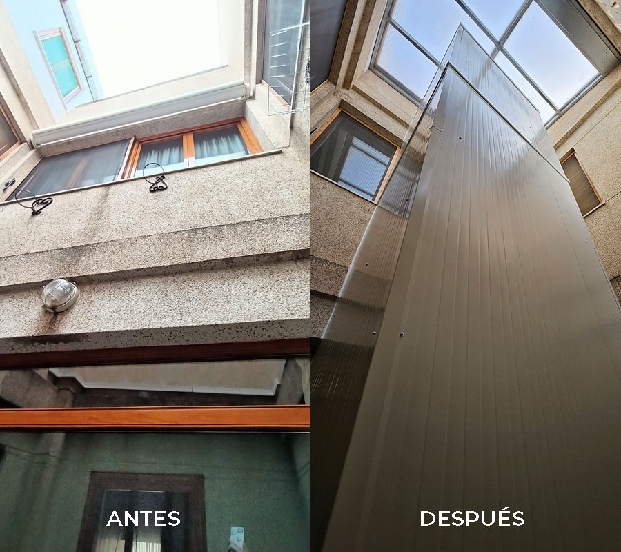 Dos imágenes unidas mostrando el antes y el después de un ascensor habilitado en una vivienda en el patio interior